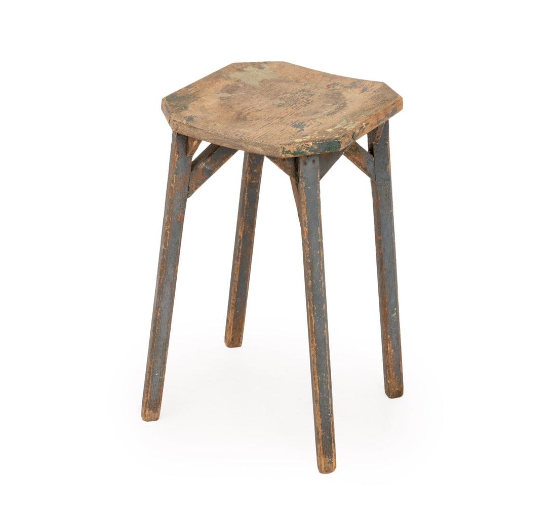American Slate Blue Painted Wood Stool: American Gray Blue Painted Wood Stool, the square seat with canted corners. 20.5" H x 12" W x 13" D. Provenance: From a 21 East 87th Street Estate. Keywords: Americana, American Primitive Furniture, A