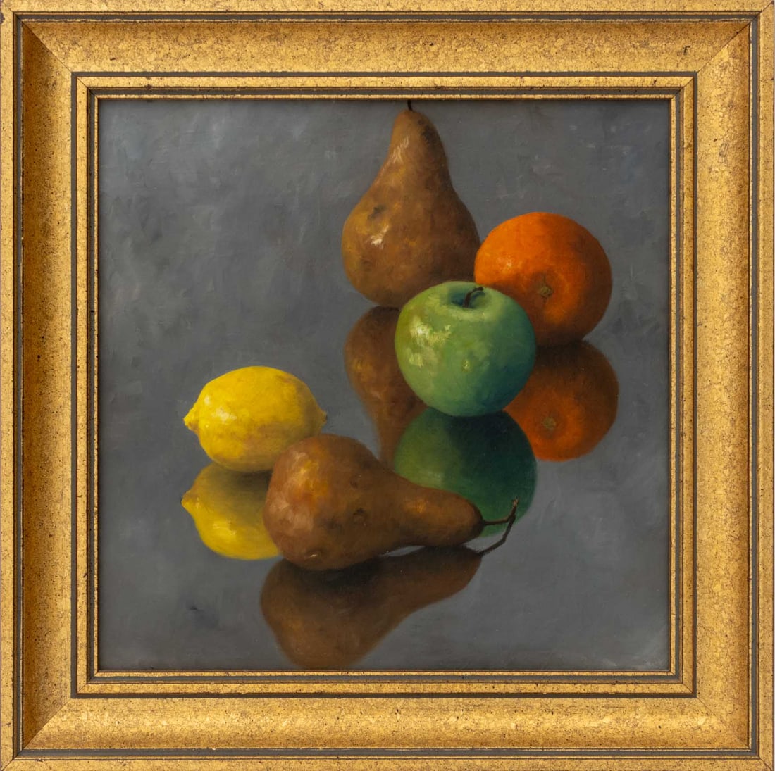 Clarence King Still Life with Fruit Oil, 1995: Clarence King (American, XX), Still Life with Fruit, Oil on Board, 1995, signed and dated verso, giltwood frame. Image: 9.5" H x 9.5" W; frame: 12.75" H x 12.75" W x 1.25" D. Provenance: From a West
