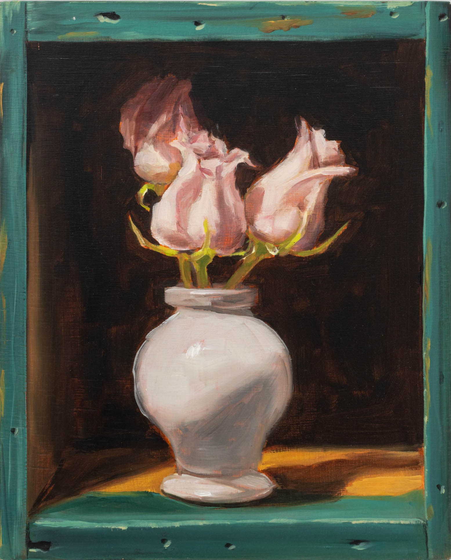 Dale Payson "Roses in Green Box" Oil, 2002: Dale Payson (American, XX-XXI), "Roses in Green Box", Oil on Panel, 2002, signed, dated, and with artist label verso, unframed. 11" H x 9" W x 0.75" D. Provenance: From a New York City Collection.