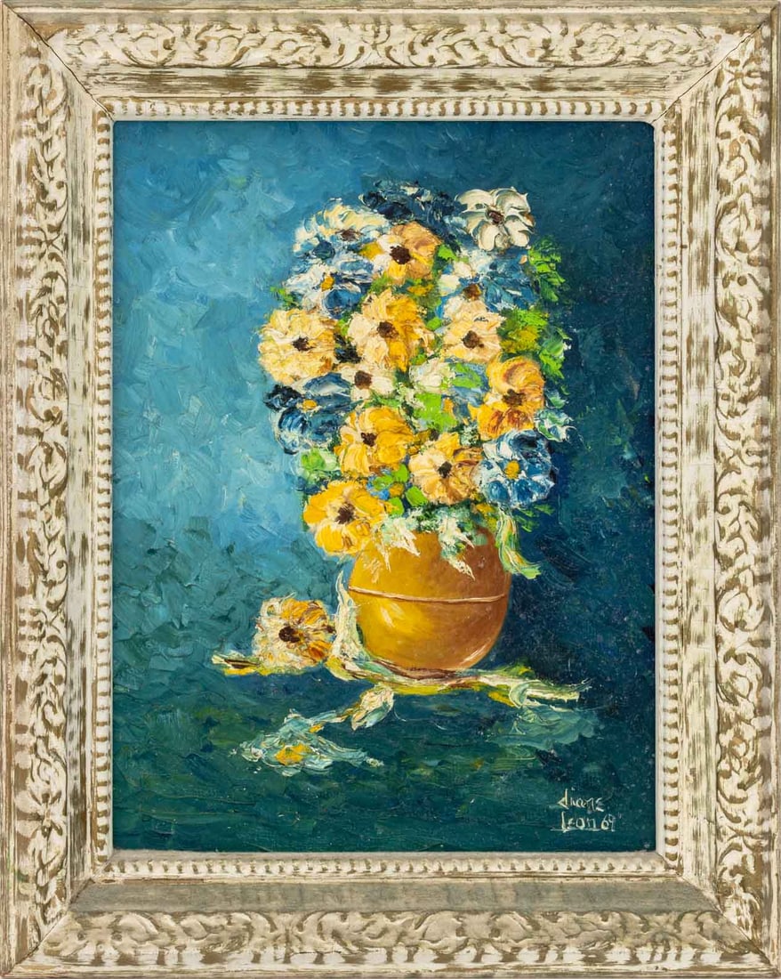 Diane Leon Still Life Scene Oil on Canvas, 1969: Diane Leon (American, XX), Still Life Scene of a Vase of Flowers, Oil on Canvas, 1969, signed and dated lower right, gray painted carved wood frame. Image: 15.5" H x 11.5" W; frame: 20.25" H x 16.25" 