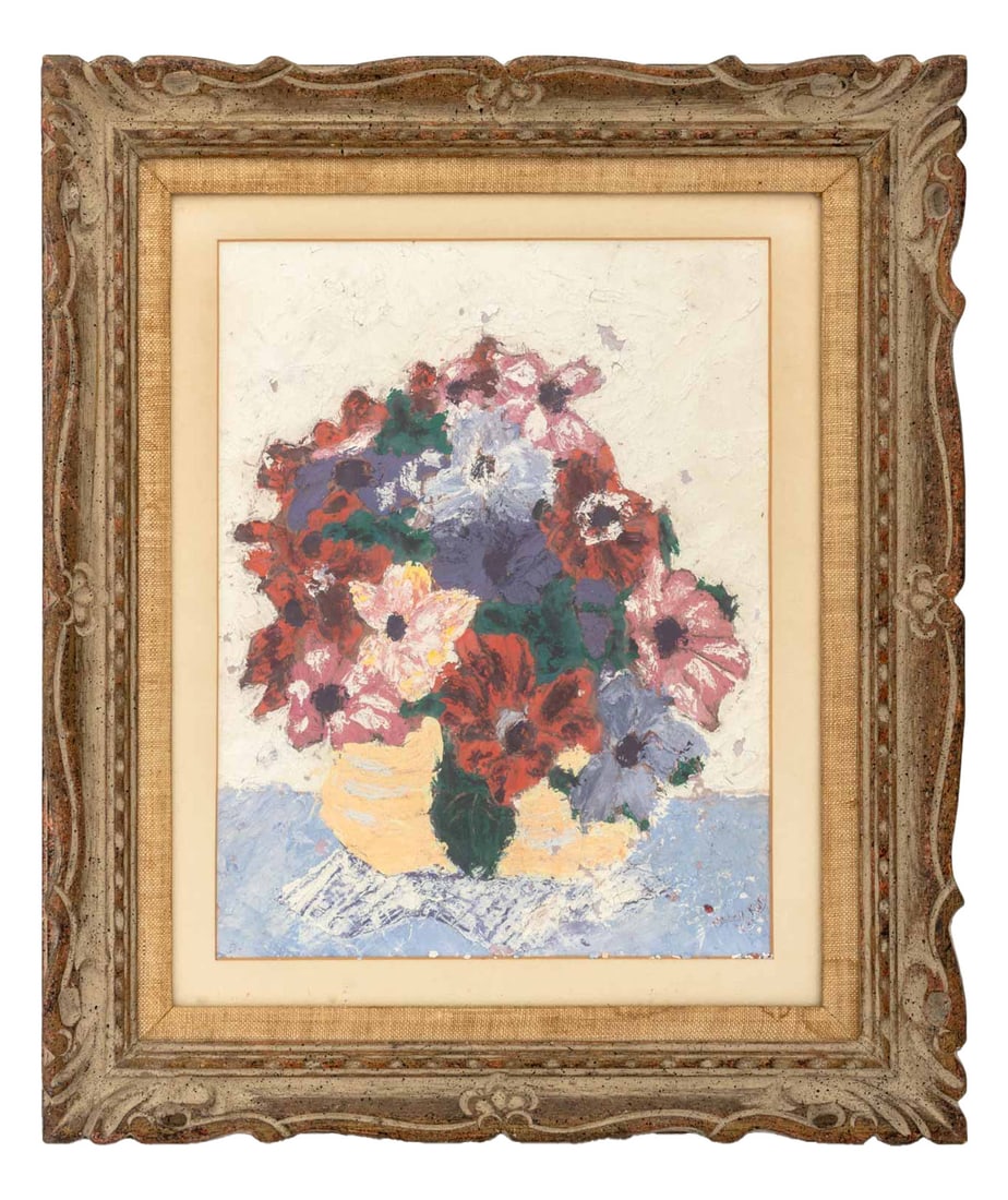 Mitchell Kup Vase of Flowers Still Life Oil, 1963: Mitchell Kup (XX), Still Life Scene of a Vase of Flowers, Oil Painting, 1963, signed and dated lower right, carved wood frame. Image: 12.75" H x 10" W; frame: 19.25" H x 17.5" W x 1.25" D. Provenance:
