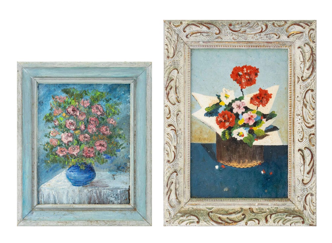 Miniature Floral Still Life Scene Oil Paintings, 2: 20th Century School, Two Miniature Floral Still Life Scenes, Oil Paintings, one oil on canvas, white painted giltwood frame, and one oil on canvas panel, blue painted wood frame, both unsigned.