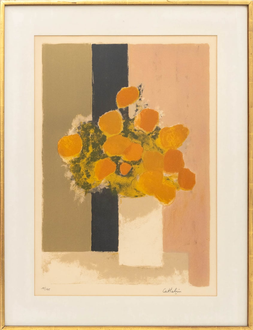 Bernard Cathelin Still Life Lithograph in Colors: Bernard Cathelin (French, 1919-2004), Still Life of Floral Bouquet, Lithograph in Colors, signed in pencil lower right, numbered edition "19/175" lower left, giltwood frame. Image: 30.5" H x 21" W;