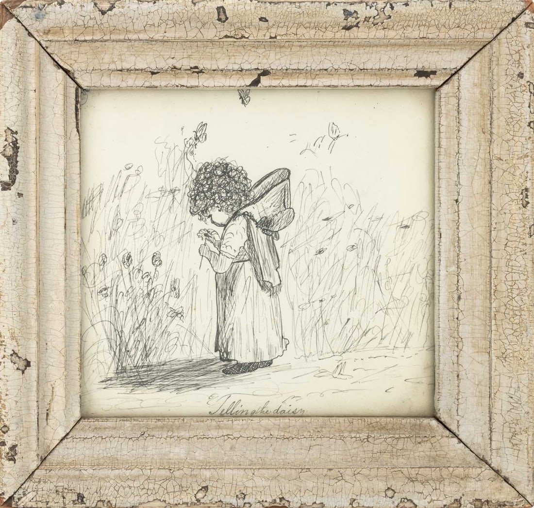 American "Telling the Daisy" Ink on Paper, 19th C.: American School, "Telling the Daisy", Ink on Paper, 19th century, titled below, inscribed "Ink Sketch Dated Feb. 26, 1882 - Waltham Massachusetts" verso, white painted wood frame. Image: 4" H x 4" W;