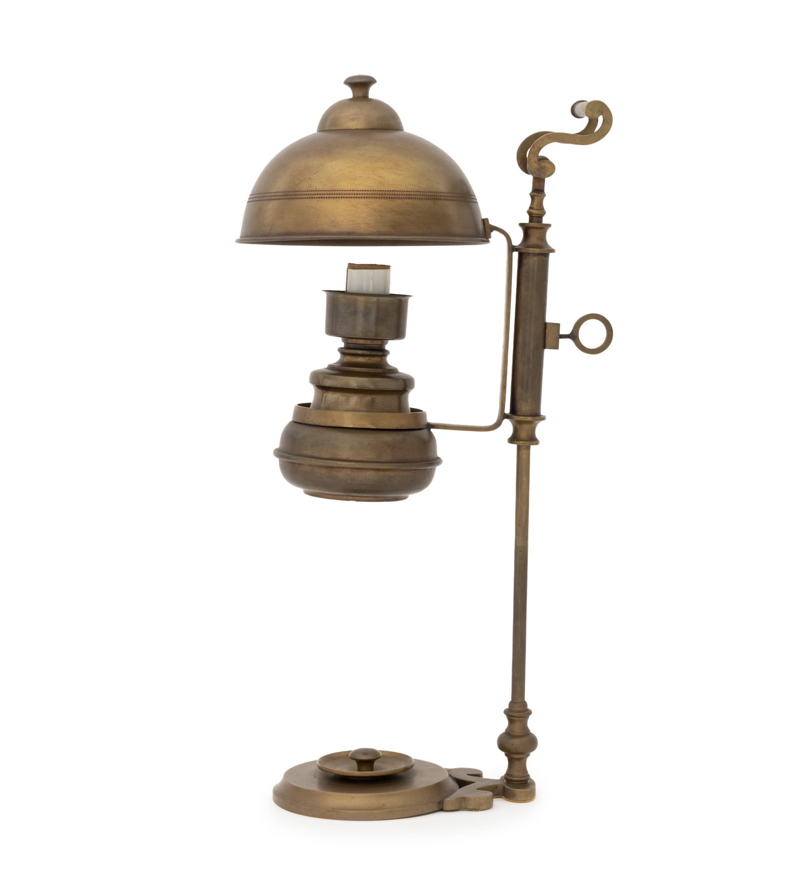 Vintage Brass Adjustable Electrified Oil Lamp: Vintage Brass Adjustable Electrified Oil Lamp, with hand and circular base. 19.25" H x 10.5" W x 6.75" D. Provenance: From a Long Island, New York Estate. Keywords: Lighting, Torch, Desk lamp,