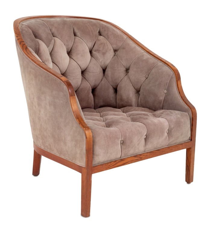 Empire Style Ash Tub Chair: Empire Style Ash Tub Chair, with button-tufted distressed gray fabric upholstery on four supports. 32.25" H x 30.25" W x 30" D; 14.25" H. Provenance: From an Upper East Side Collection. Keywords: