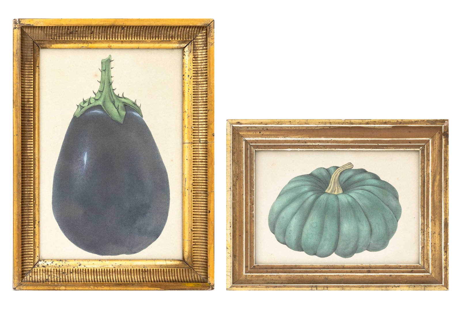 American Fruit Scene Hand-Colored Engravings, 2: American School, Two Scenes of Fruit, Hand-Colored Engravings, 1844, one of an eggplant and one a green squash, giltwood frames. Larger image: 7.5" H x 5" W; frame: 9.5" H x 7" W x 1" D. Provenance: F