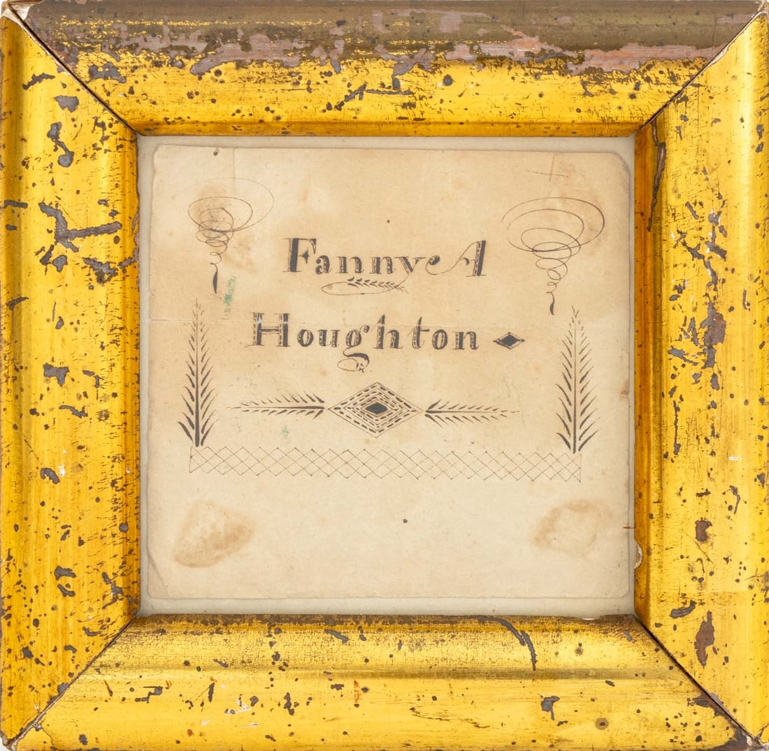 Fanny A. Houghton Calligraphy Penmanship, 19th C.: American "Fanny A. Houghton" Calligraphy Penmanship, 19th century, ink on paper, giltwood frame. Image: 3.5" H x 3.25" W; frame: 5.25" H x 5.25" W x 1" D. Provenance: From a 21 East 87th Street