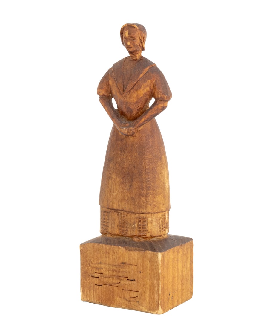 Horace Abrams Standing Woman in Sculpture: Horace Abrams (American, XIX-XX) Standing Woman Carved Pine Sculpture, signed to reverse and underside of block base. 7.25" H x 2.5" W x 2" D. Provenance: From a 21 East 87th Street Estate. Keywords: