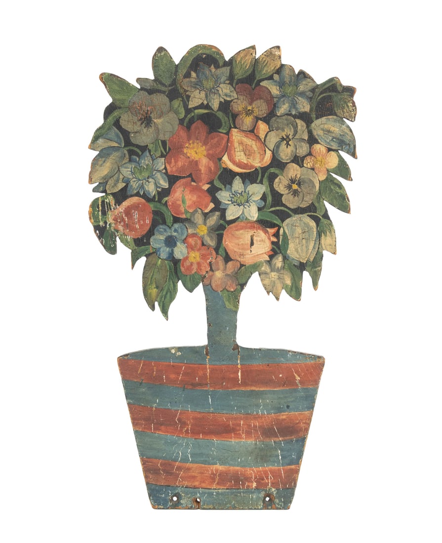 American Folk Art Flower Vase Wood Panel, ca. 1900: American Flower Vase Form Polychrome Painted and Carved Wood Panel, circa 1900, the bouquet above a striped vessel form, unsigned. 17.75" H x 10.25" W x 0.5" D. Provenance: From a 21 East 87th Street