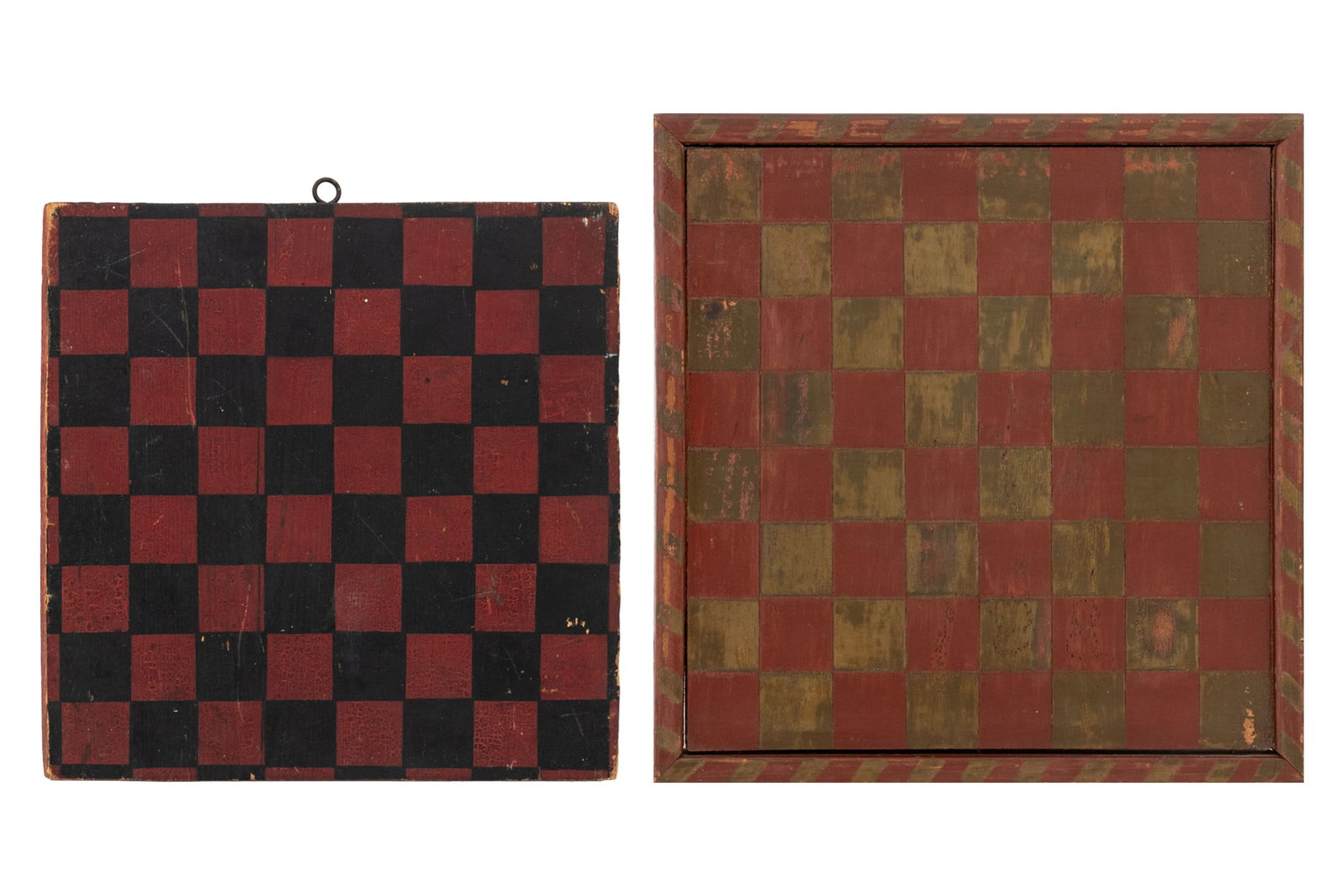 Amish Painted Carved Wood Checkerboards, 2: Two Amish Folk Art Painted Carved Wood Checkerboard Wall Hangings, one in red and brown, 1880, dated lower right and one in red and black. Larger: 13.5" H x 13" W x 0.5" D. Provenance: From a 21 East