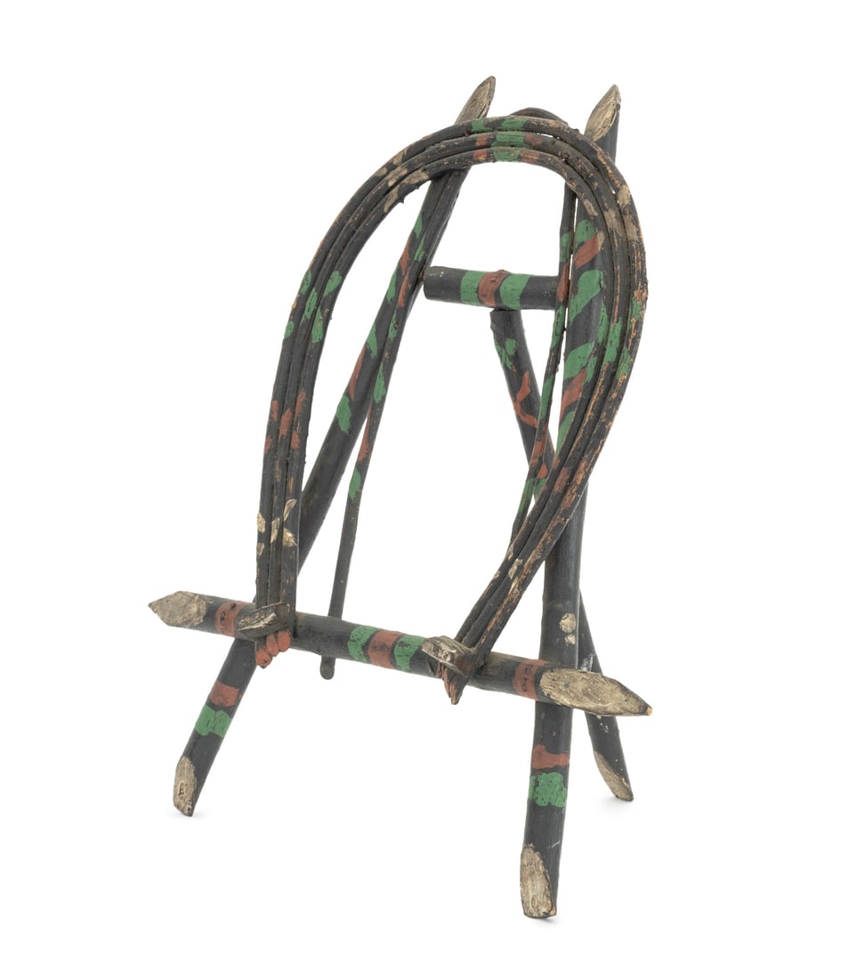 American Horseshoe Motif Twig Easel, ca. 1910: American Tramp Art Horseshoe Motif Twig Easel, circa 1910, polychrome painted. 10.25" H x 10" W x 7.5" D. Provenance: From a 21 East 87th Street Estate. Keywords: Adirondack Style, American Primitive