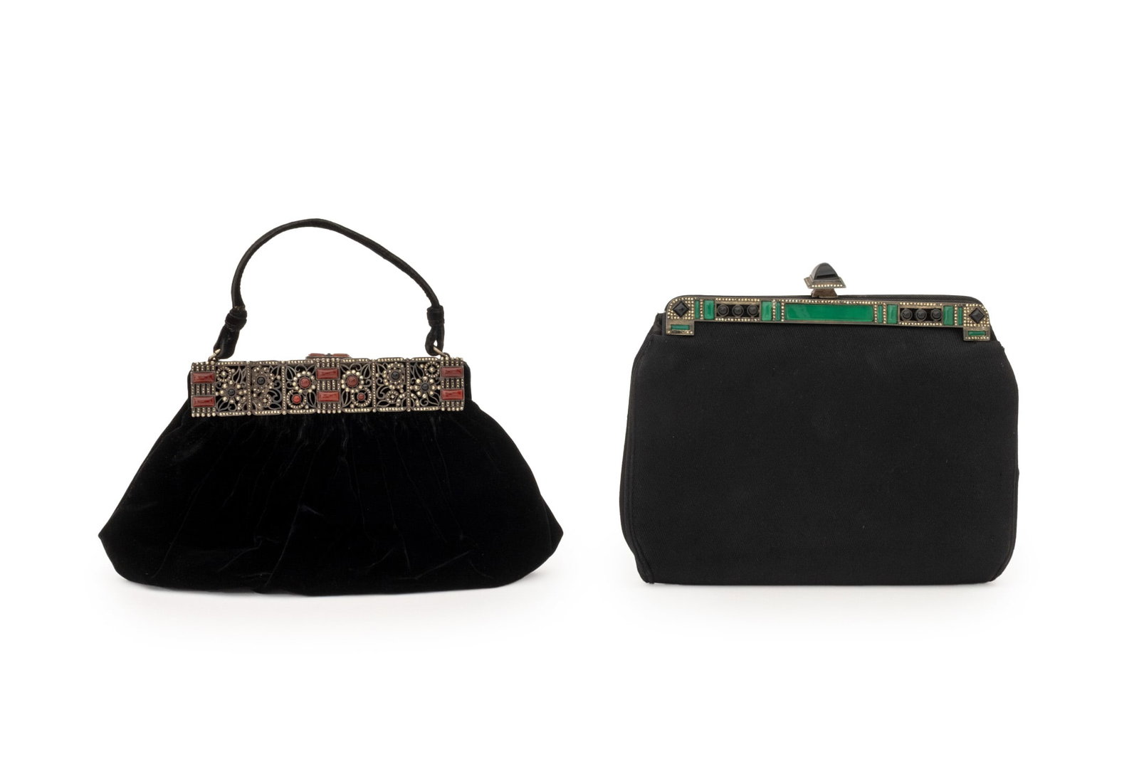 Art Deco Marcasite Mounted Evening Bags, 2: Two Art Deco Marcasite Mounted Evening Bags, one black velvet with carnelian cabochons and one with green glass and onyx embellishments. Larger to top handle: 9" H x 8.75" W x 1" D. Provenance: From