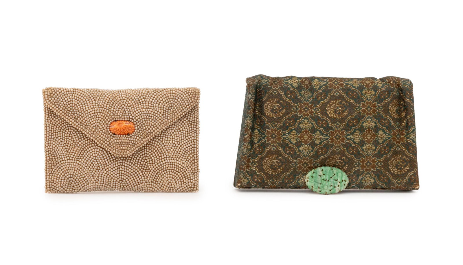 Art Deco Carved Stone Mounted Evening Bags, 2: Two Art Deco Carved Stone Mounted Evening Bags, one with faux seed pearls and carved coral cabochon and one green silk with Chinese carved jade clasp. Larger: 4.5" H x 6.5" W x 1.25" D. Provenance: