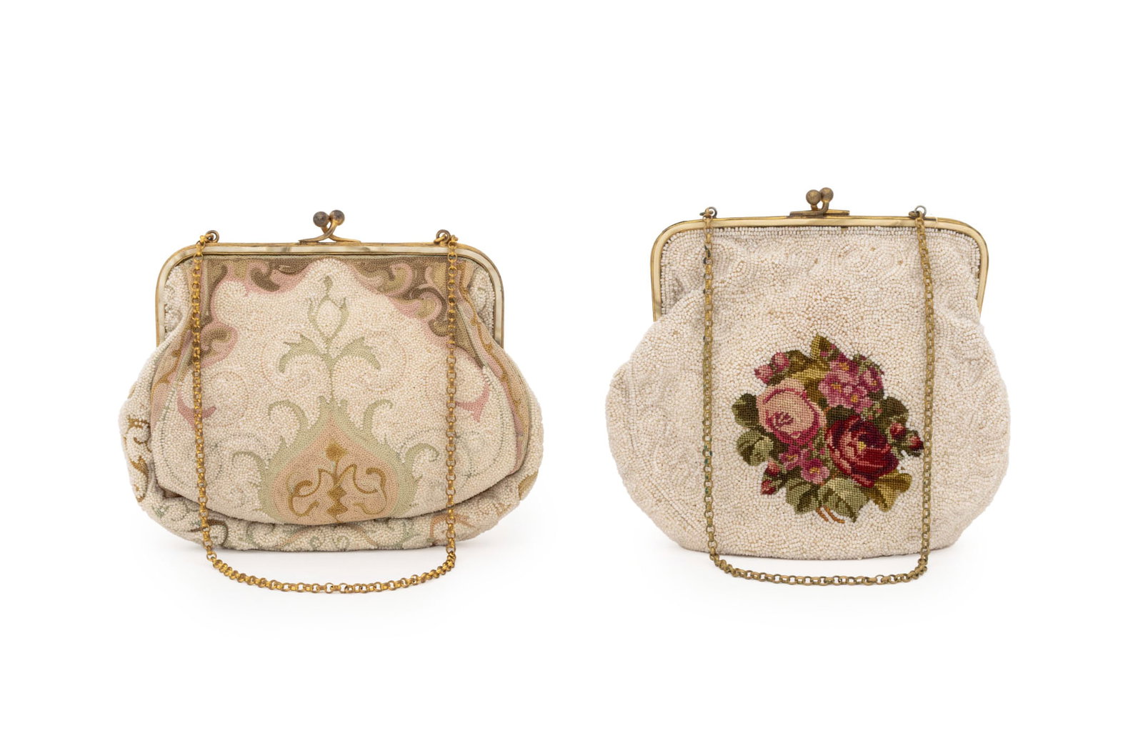 French Beaded Evening Bags, 2: Two French Beaded Evening Bags, one with floral motif and one with Art Nouveau design and marks "Made in Paris France" inside. Larger: 5.5" H x 5.5" W x 1" D. Provenance: From a New York City