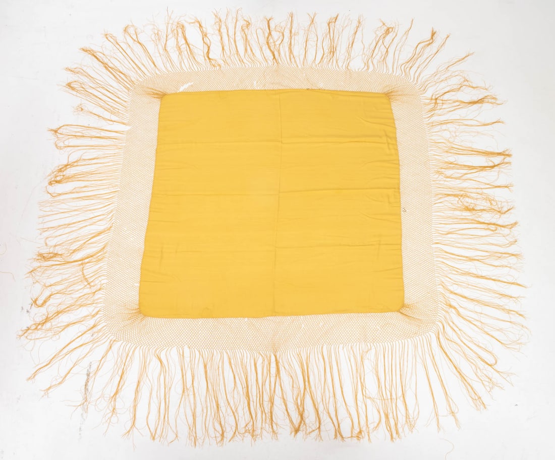 Canary Yellow Silk Piano Shawl: Canary Yellow Silk Piano Shawl, with woven fringe. 51" L x 51" W; with fringe: 94" L x 94" W. Provenance: From a West End Avenue Collection. Keywords: Textiles, Fabric, Manila shawl, Piano throw,