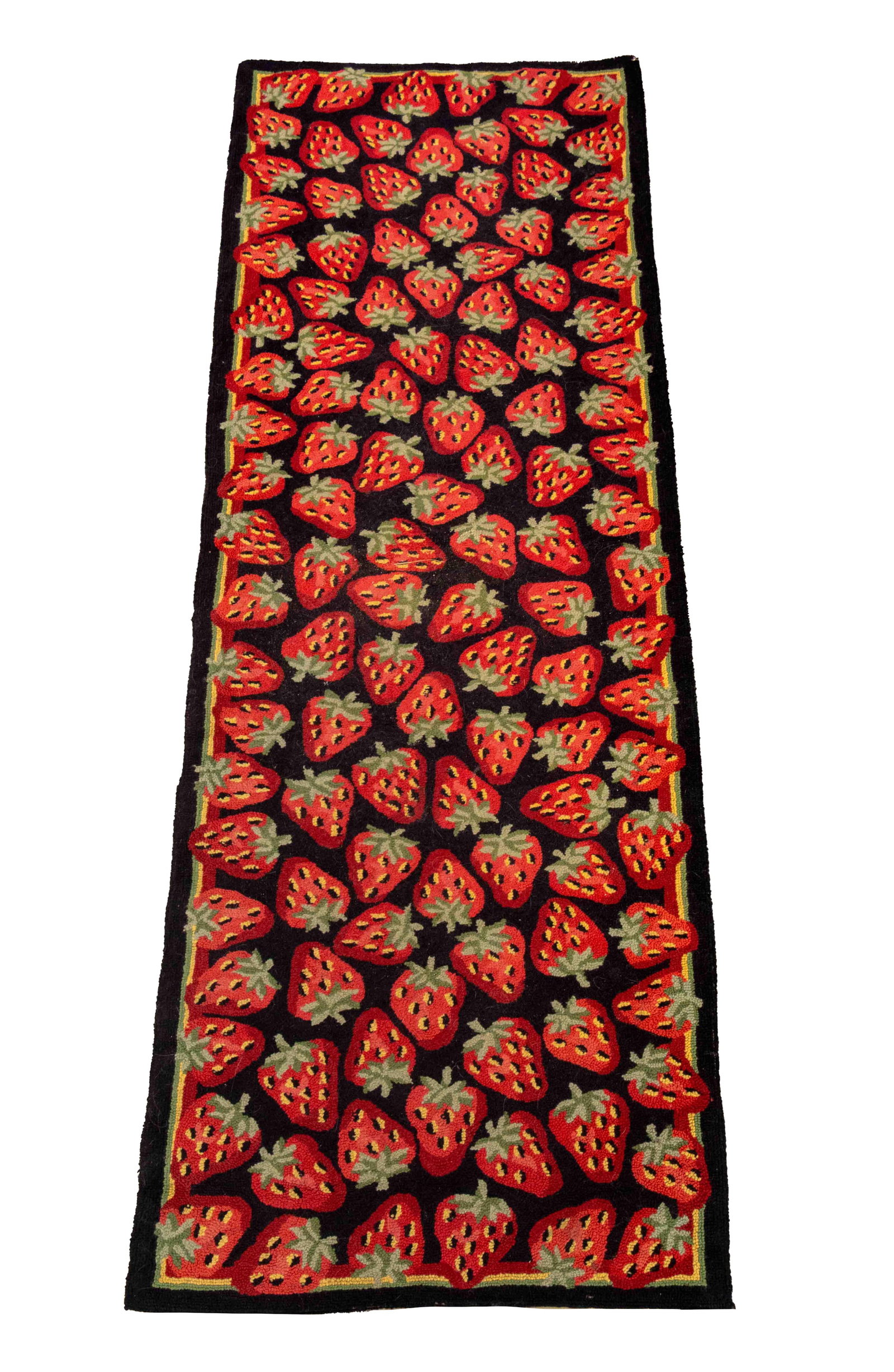 Strawberry Motif Hook Rug, 7' 7" x 2' 4.75": Strawberry Motif Hook Rug. 7' 7" L x 2' 4.75" W Provenance: From a 21 East 87th Street Estate. Keywords: Folk Art, Textiles, Carpets, Area rugs, Fruit motif, Berries, Floor coverings, Interior design,