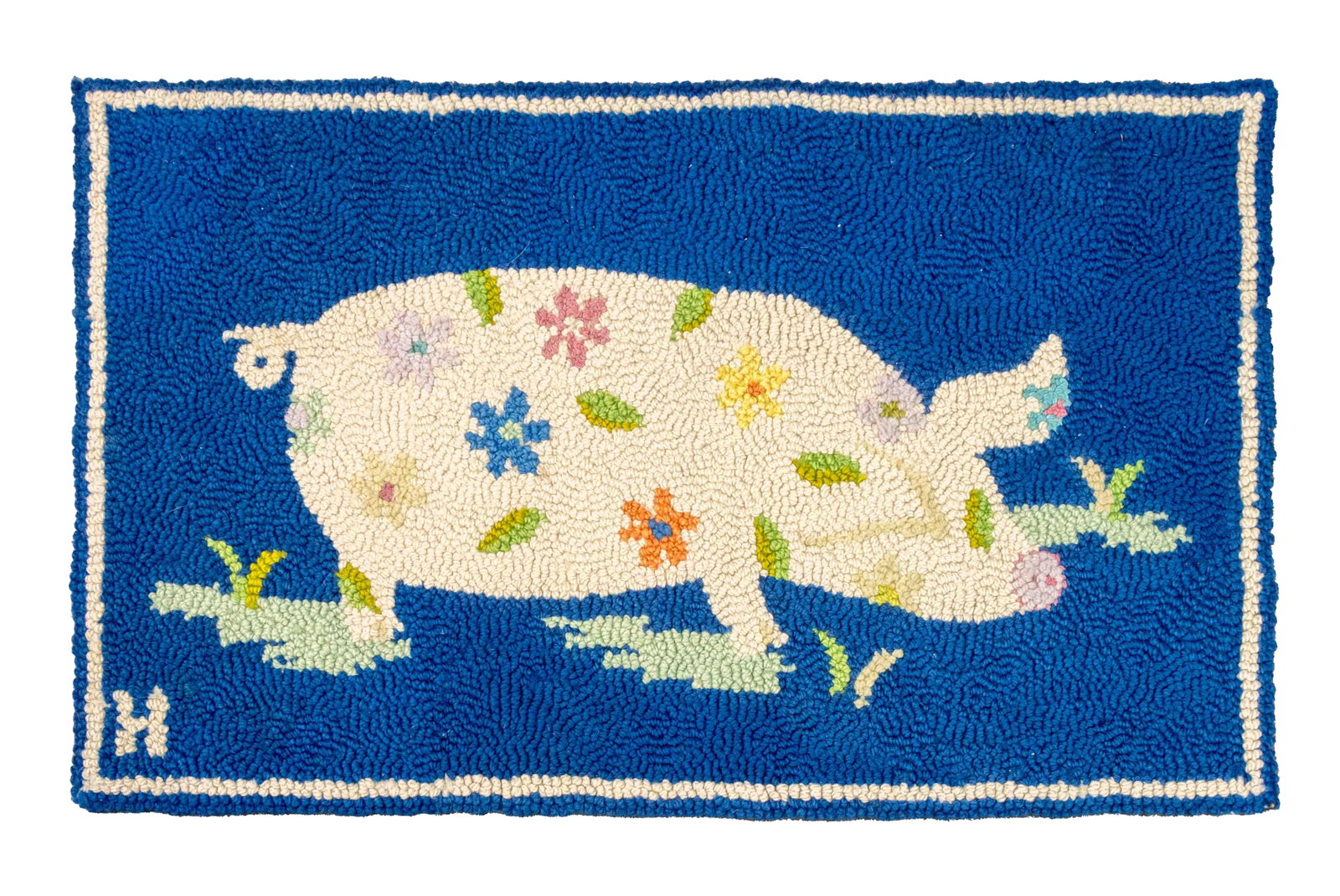 Signed Pig & Flowers Motif Hook Rug, 1' 8" x 2' 9" (1 of 6)