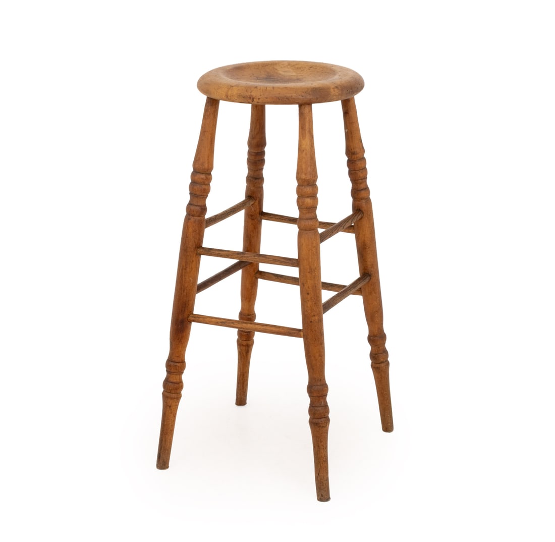American Walnut Counter Stool: American Walnut Counter Stool, with circular seat above four turned wood legs. 28" H x 13" W x 13" D. Provenance: From a 21 East 87th Street Estate. Keywords: Americana, American Primitive Furniture, 