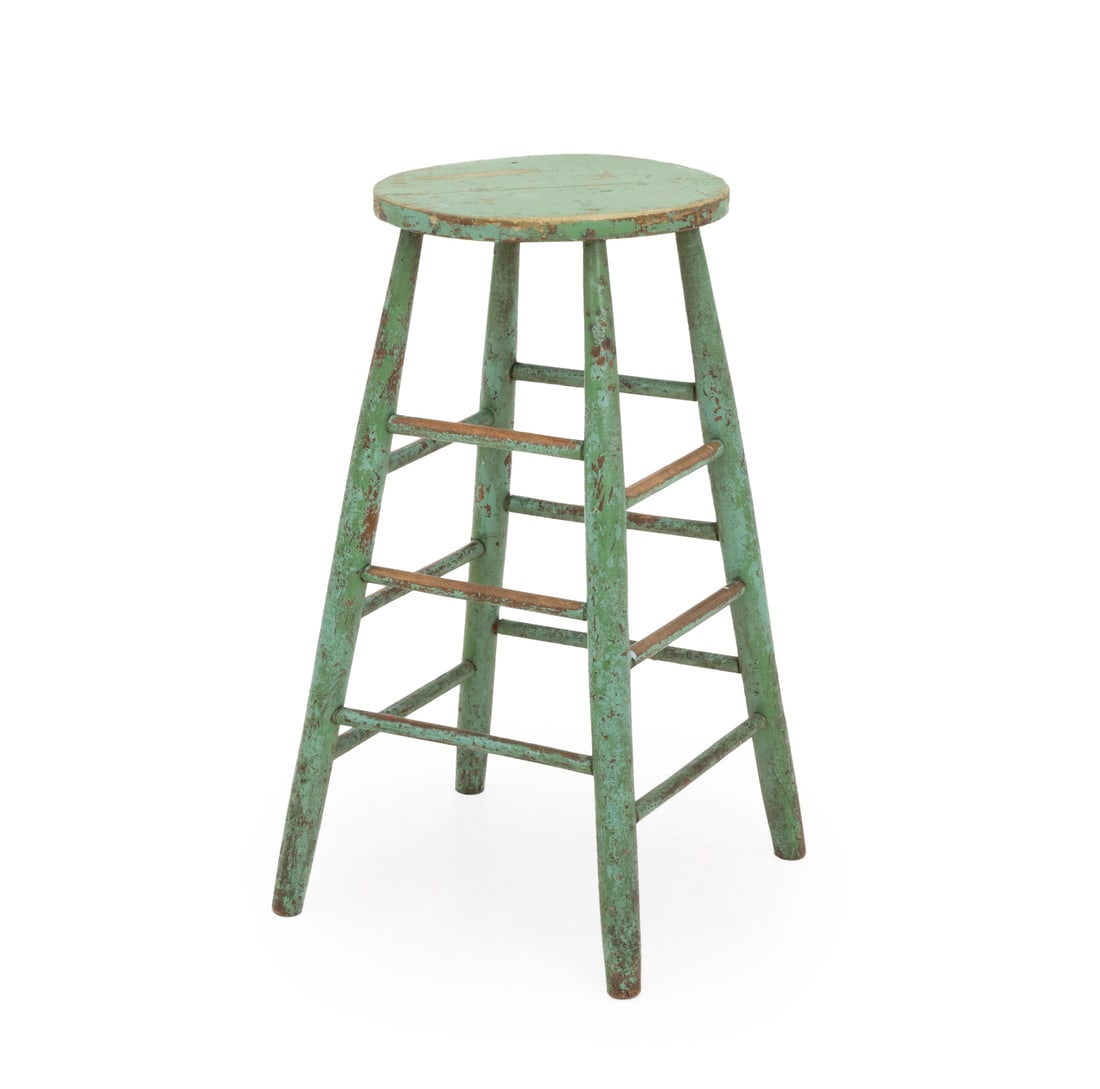 American Green Painted Counter Stool: American Green Painted Wood Counter Stool, with circular seat. 29.5" H x 15" W x 15" D. Provenance: From a 21 East 87th Street Estate. Keywords: Americana, American Primitive Furniture, Antique Furnit