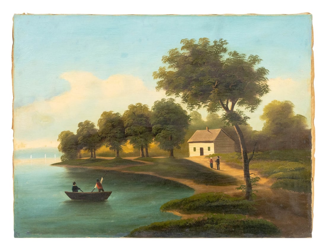 American Naive Landscape with Canoe Oil, 19th C. (1 of 6)