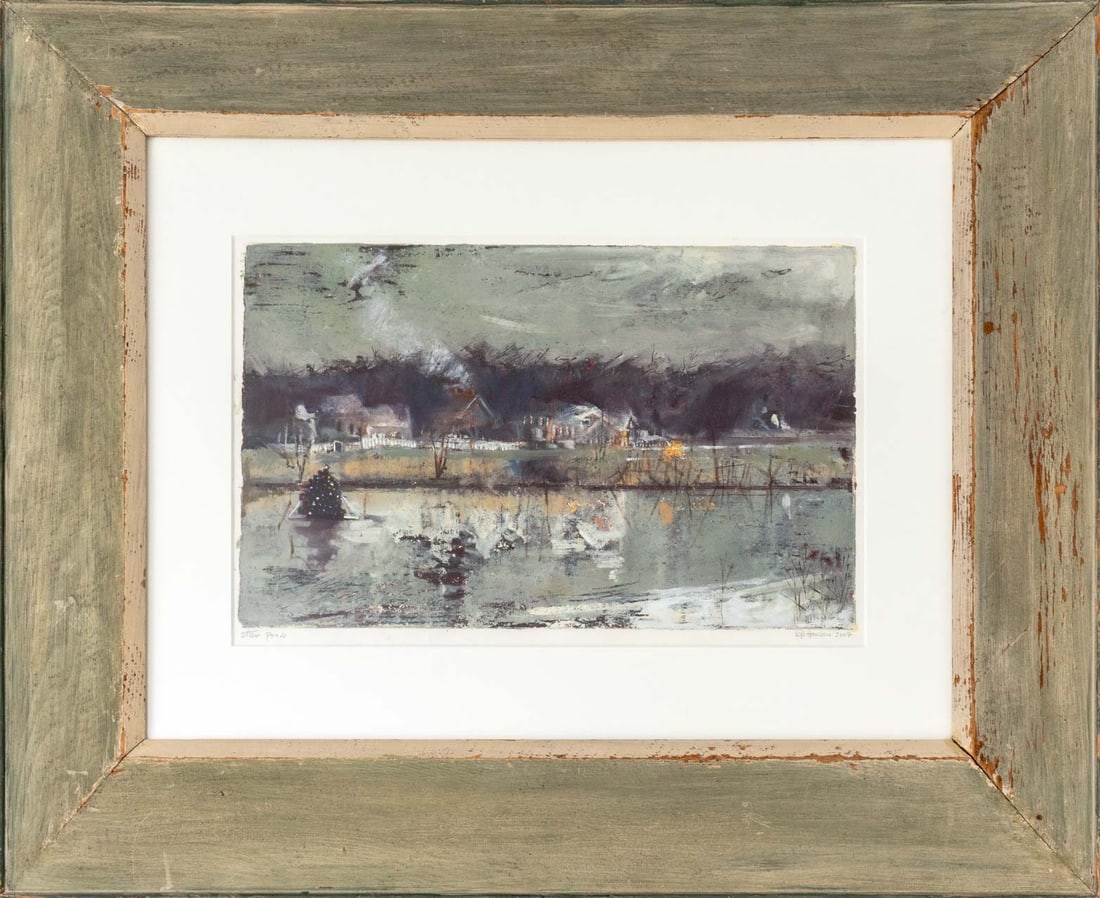 Signed American School "Otter Pond", 2007: American School, "Otter Pond", Mixed Media on Paper, 2007, signed in pencil "W.B. Hauser" and dated lower right, titled lower left, painted wood frame. Image: 11.25" H x 17.75" W; frame: 27" H x