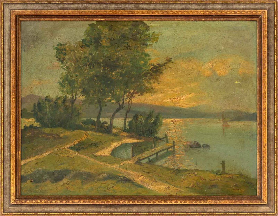 Signed American School Lake Scene Oil on Panel (1 of 7)