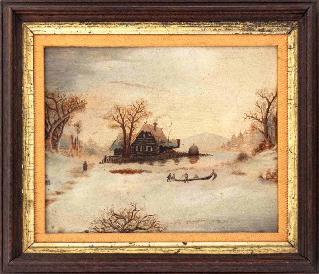 American Naive Log Cabin Winterscape Oil on Panel (1 of 6)