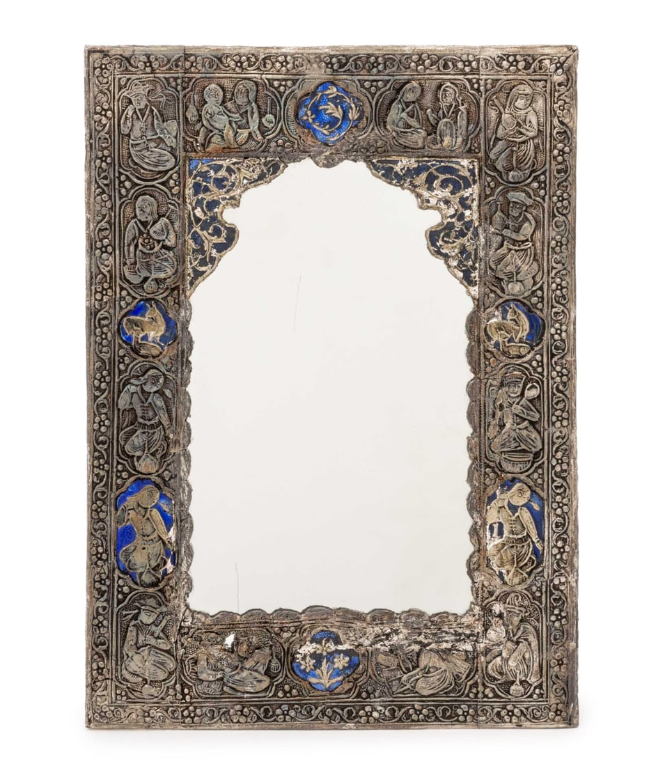 Persian Qajar Silver and Enamel Mirror, 19th C. (1 of 8)