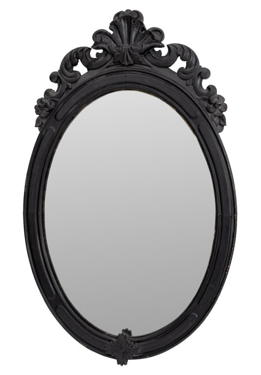 Rococo Style Ebonized Wood Wall Mirror: Rococo Style Ebonized Wood Wall Mirror, early 20th century, oval form with shell rocaille motif. 41.5" H x 26" W. Provenance: Property from an estate located at 160 E 65th Street. Keywords: Victorian 