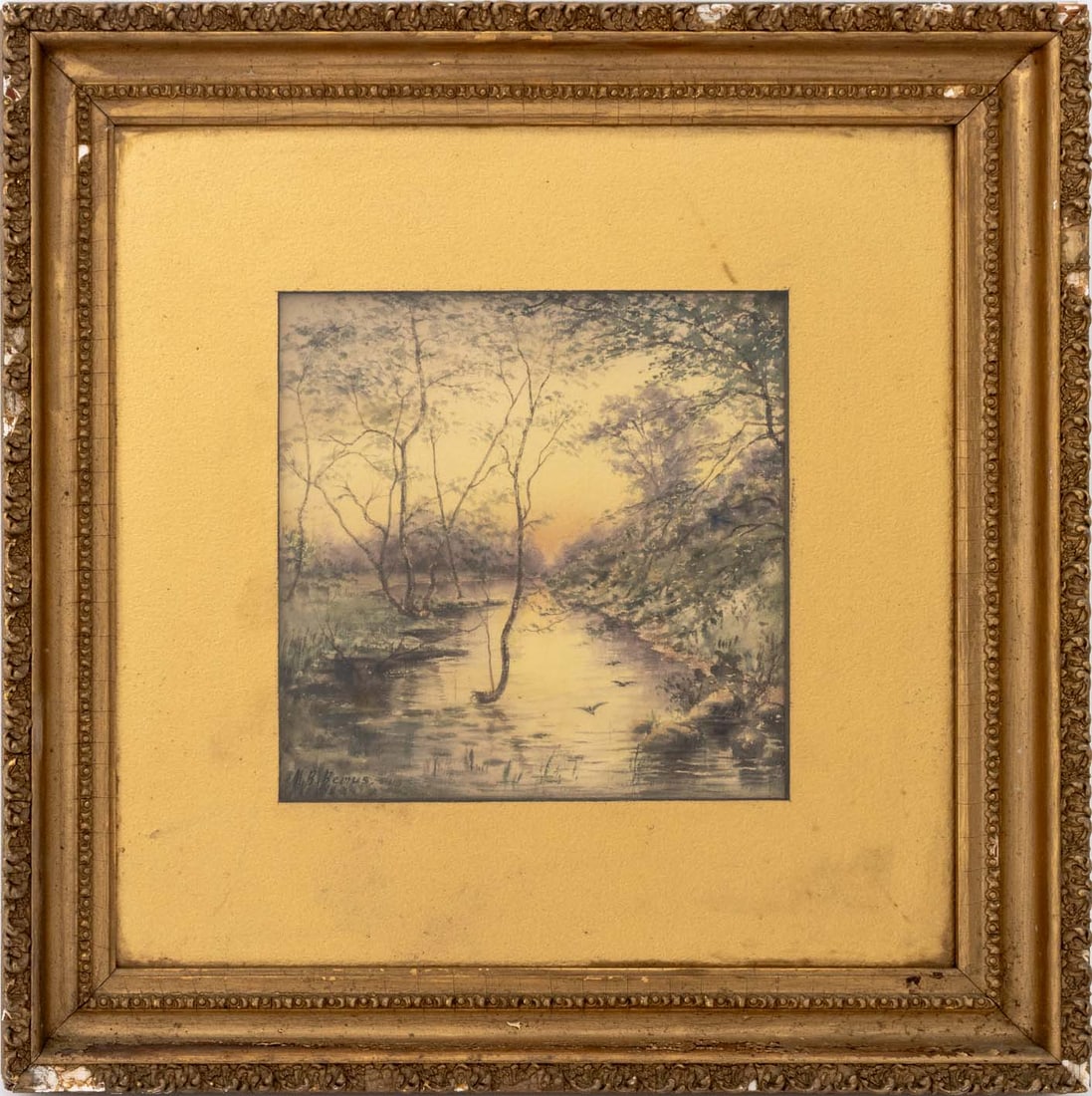 Mary B. Bemus Creek in the Forest Watercolor: Mary B. Bemus (American, 1849-1944), Creek in the Forest, Watercolor on Paper, signed lower left, giltwood frame. Image: 8.75" H x 8.75" W; frame: 18.25" H x 18.5" W x 1.25" D. Provenance: From a New 