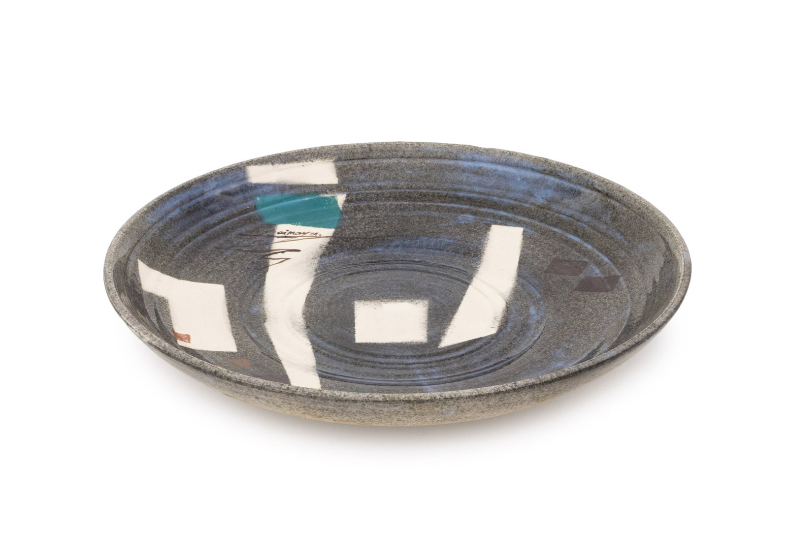 Signed Postmodern Art Pottery Charger, 1989: Postmodern Art Pottery Charger, 1989, polychrome glazed ceramic, signed "Zaimay G" and dated. 14.75" Diameter x 2.5" D. Provenance: From a New York City Collection. Keywords: Studio Pottery,