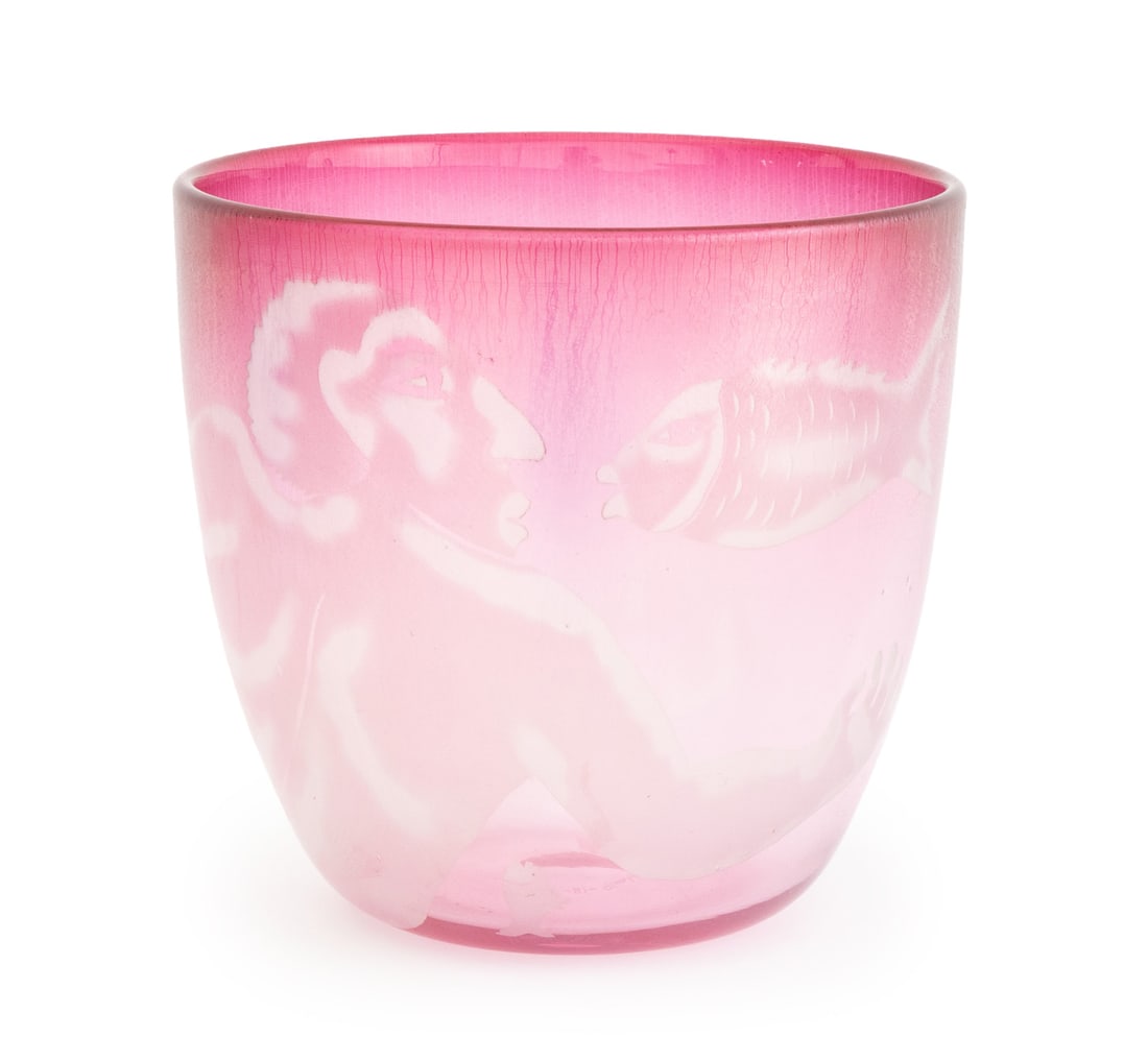 Steven Newell Pink Art Glass Bowl, 1981: Steven Newell (American, b. 1948) Pink Etched Art Glass Bowl, 1981, depicting a nude male figure swimming with two fish, signed, dated, and marked "Glasshouse" underside. 8" H x 8.25" Diameter.