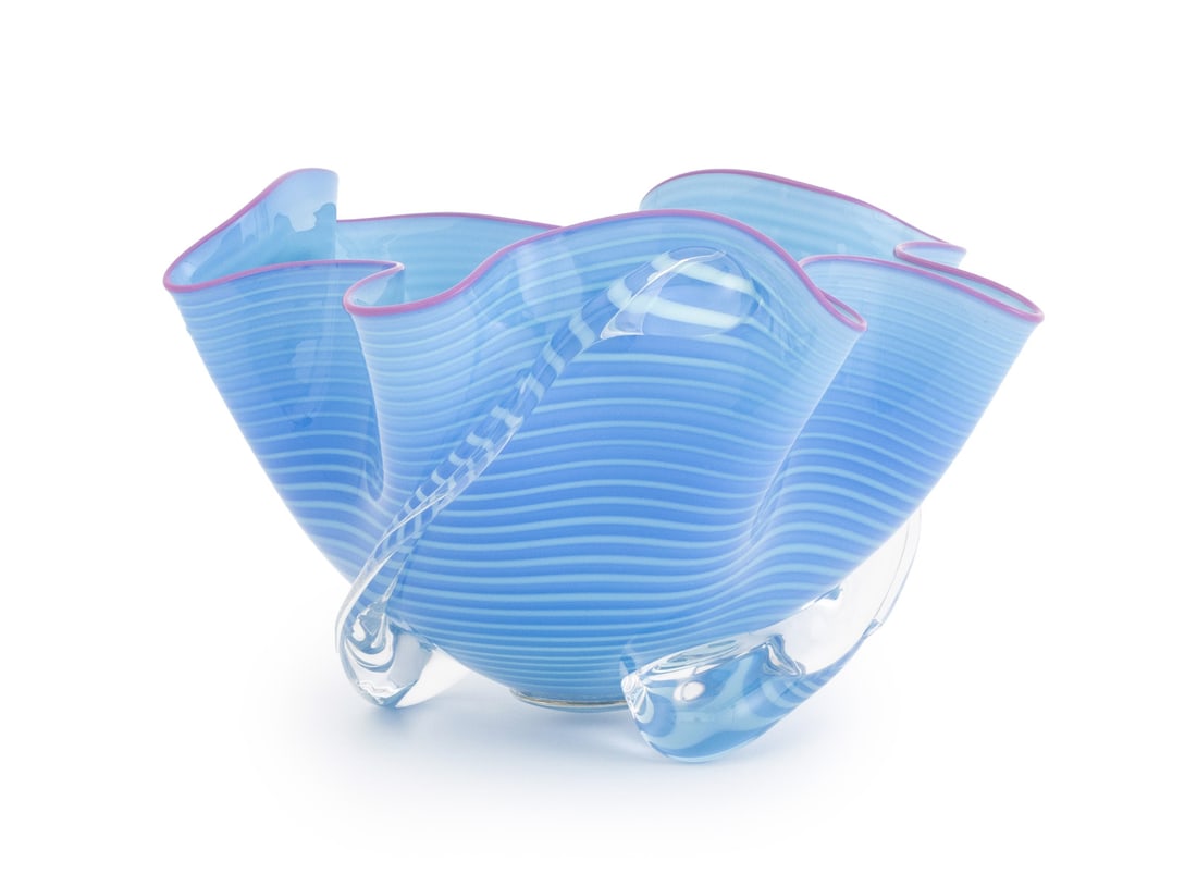 Signed Studio Glass Handkerchief Bowl, 2004: Studio Glass Handkerchief Bowl, 2004, striped blue glass with lilac rim, clear glass forms to sides, signed "R Madin (?)" and dated underside. 6" H x 9.5" W x 6.5" D. Provenance: From a Long Island,