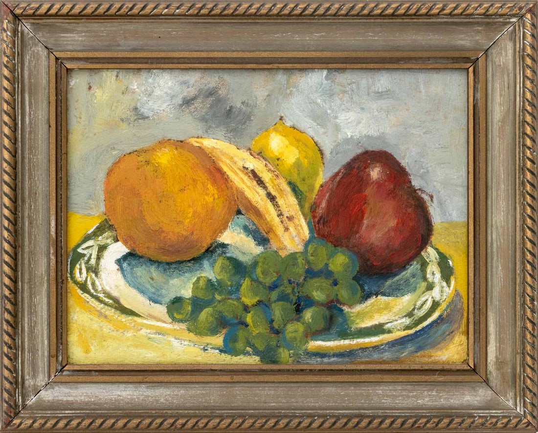 American Still Life Scene of Fruit Oil on Panel: American Naive School, Still Life Scene of Fruit, Oil on Panel, apparently unsigned, gray painted and giltwood frame. Image: 8.5" H x 11.5" W; frame: 12.5" H x 15.5" W x 1.25" D. Provenance: From a