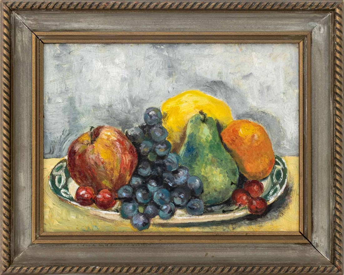 American Still Life of Fruit Oil on Canvas Panel: American Naive School, Still Life Scene of Fruit, Oil on Panel, apparently unsigned, gray painted and giltwood frame. Image: 8.5" H x 11.5" W; frame: 12.5" H x 15.5" W x 1.25" D. Provenance: From a