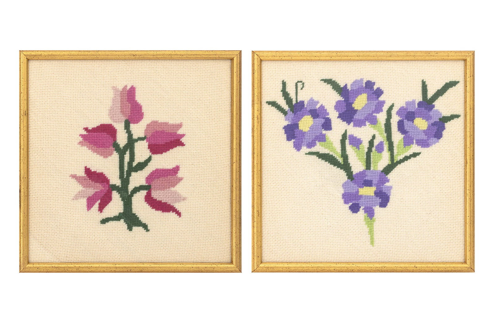 Cornflowers & Tulips Needlework Panels, 2: Two Needlework Panels, one depicting blue cornflowers, one depicting pink tulips, giltwood frames. Image: 11.75" H x 11.75" W; frame: 13.25" H x 13.25" W x 1.25" D. Provenance: From a Connecticut