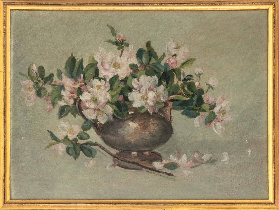 American Still Life of Magnolias Oil on Panel: American School, Still Life Scene of Magnolia Flowers, Oil on Panel, unsigned, giltwood frame. Image: 11.25" H x 15.25" W; frame: 12.5" H x 16.5" W x 1" D. Provenance: From a Connecticut Estate. Keywo