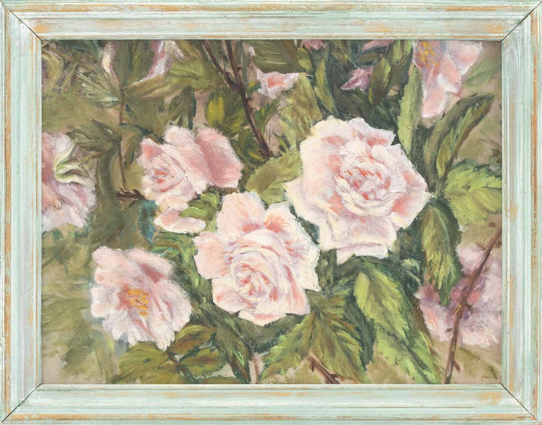 American Pink Roses Oil on Canvas Panel, 20th C.: American School, Scene of Pink Rose Flowers, Oil on Panel, unsigned, blue painted wood frame. Image: 8.5" H x 11.5" W; frame: 10.75" H x 13.75" W x 0.75" D. Provenance: From a Connecticut Estate. Keyw