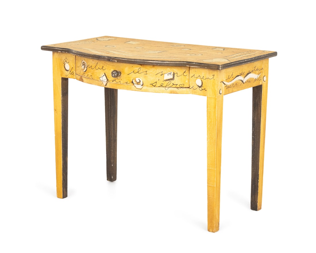 French Paint-Decorated Writing Desk: French Paint-Decorated Writing Desk, with single drawer. 30" H x 40" W x 22" D. Provenance: From a Westchester County Estate. Keywords: Modern Furniture, Vintage Furniture, Dressing table, Vanity,
