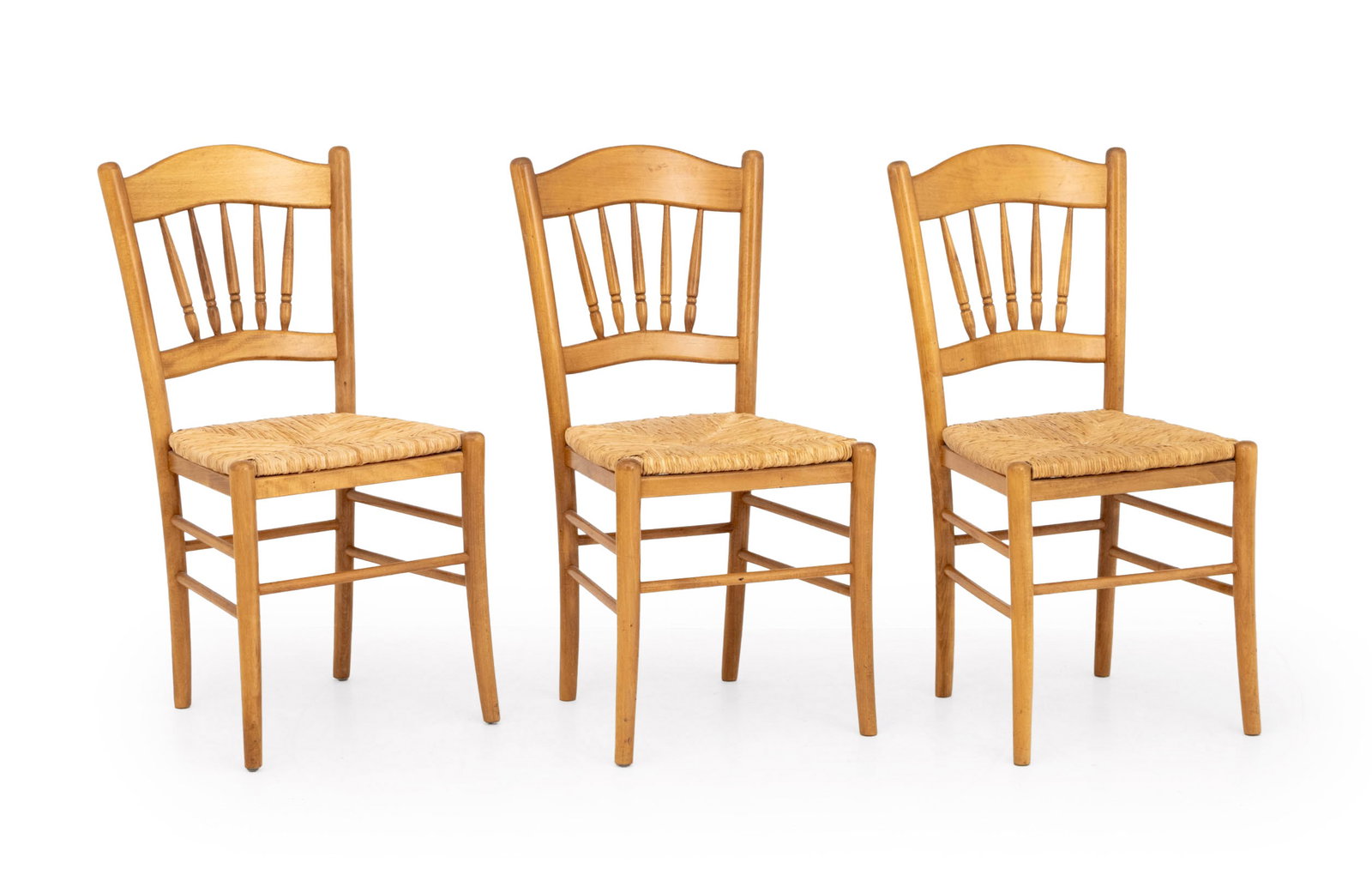 French Provincial Style Beech Side Chairs, 3: Set of Three French Provincial Style Beech Wood Woven Rush Seat Side Chairs. 35.25" H x 17.5" W x 15" D; seat: 18.5" H. Provenance: From an East 86th Street Estate. Keywords: Vintage Furniture,