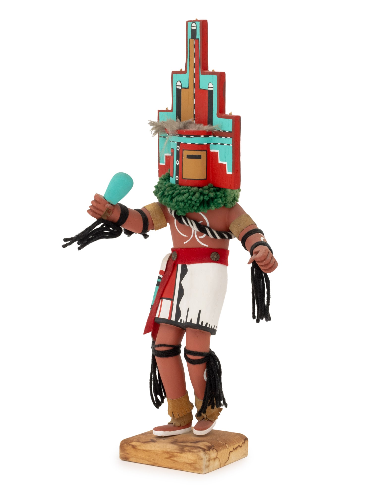Illegibly Signed Hopi Kachina Doll Sculpture: Hopi Kachina Doll Sculpture, polychrome painted and carved wood with yarn and feather embellishments, illegibly signed "...anei (?)" to underside. 20" H x 9" W x 6" D. Provenance: From a New York City
