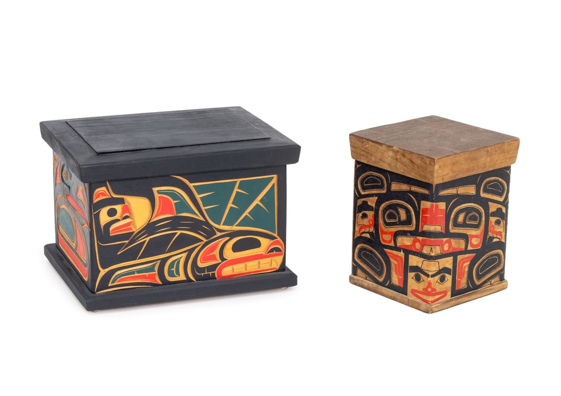 Pacific Northwestern Bentwood Cedar Boxes, 2: Pacific Northwestern Bentwood Cedar Boxes, larger hand-carved with copper tag "Box by Don C. Litch / artist: R. D. Scan (?) / 1998 Fort Rupert B.C" interior, smaller unsigned. Larger: 7" H x 10" W x