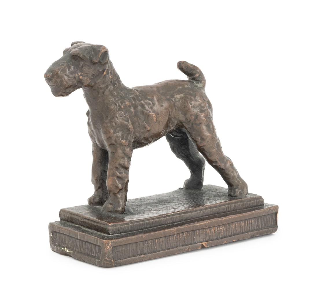 "Attentive Terrier" Patinated Copper Sculpture: "Attentive Terrier" Patinated Copper Sculpture, the dog standing atop a tiered rectangular base. 5.75" H x 6.25" W x 2.5" D. Provenance: From a New York City Collection. Keywords: Statue, Ornament,