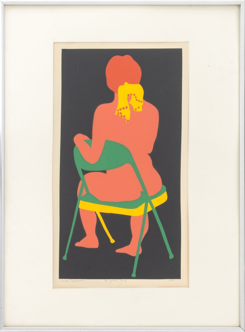 Linda Southworth "The Yellow Scarf" Screenprint: Linda Southworth (American, XX), "The Yellow Scarf", Screenprint in Colors, signed in pencil lower left, titled lower center, inscribed "4:15" lower right, silver-tone metal frame. Image: 16.25" H x