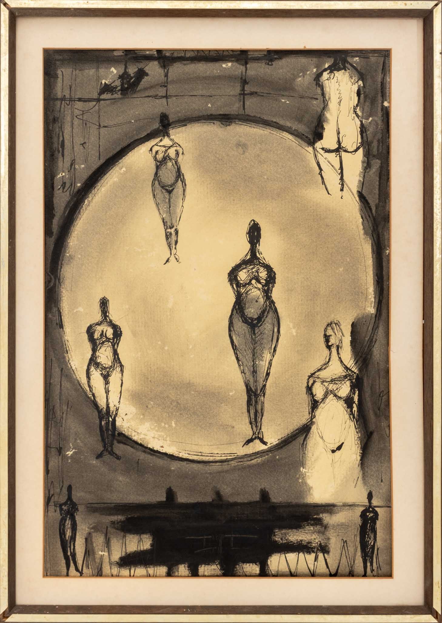 Agudelo Abstract Figures Ink and Watercolor: Agudelo (XX), Abstract Figures, Ink and Watercolor on Paper, unsigned, wood frame. Image: 17.75" H x 11.75" W; frame: 21.25" H x 15.25" W x 1.75" D. Provenance: From a Scarsdale, New York Estate.