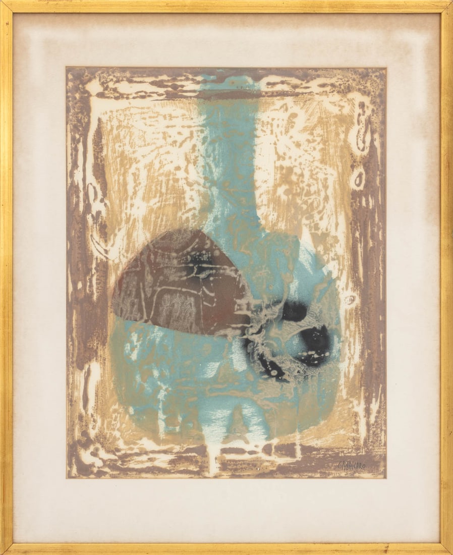 Vincent Cavallaro Abstract Still Life Mixed Media: Vincent Cavallaro (Swiss, 1912-1985), Abstract Still Life Scene of Vessels, Mixed Media on Paper, signed in pencil lower right, giltwood frame. Image: 18" H x 13.75" W; frame: 24" H x 19.75" W x 0.5"
