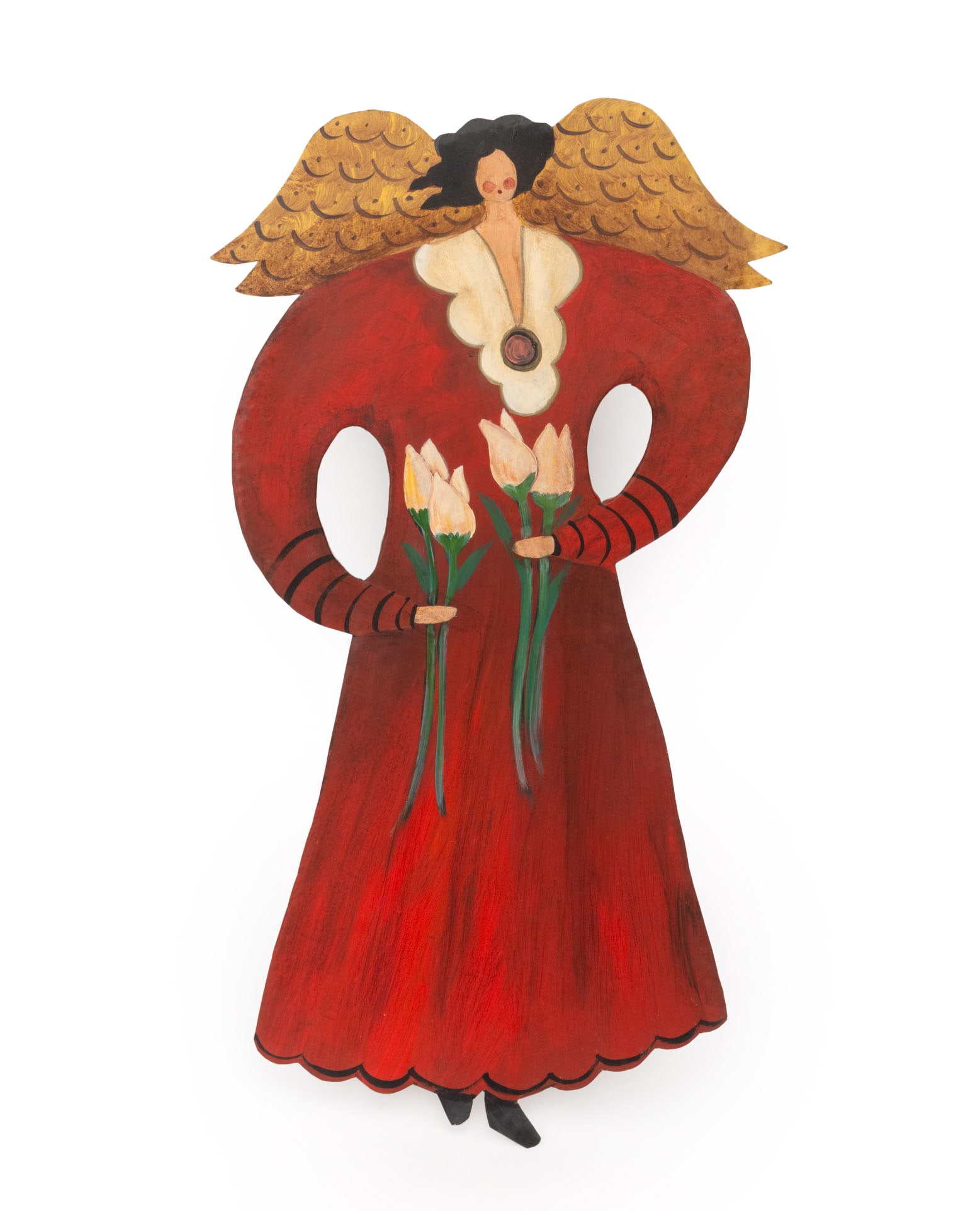 Signed Outsider Art Angel Painted Panel, 1995: Oustider Art Female Angel Painted Metal Panel, 1995, signed "R. Fitzgerald" verso. 21.75" H x 12.25" W. Provenance: From an East Village Estate. Keywords: Folk Art, Paintings, Wall-hanging sculpture, 