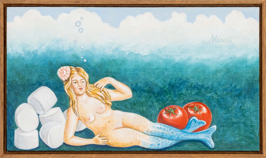 Marcia Keith Alaniz "Olympia" Oil on Canvas: Marcia Keith Alaniz (American, b. 1947), "Olympia", Oil on Canvas, 2005, signed center right, signed, dated, and titled verso, wood frame. Image: 8" H x 14.25" W; frame: 9" H x 15" W x 1.25" D.