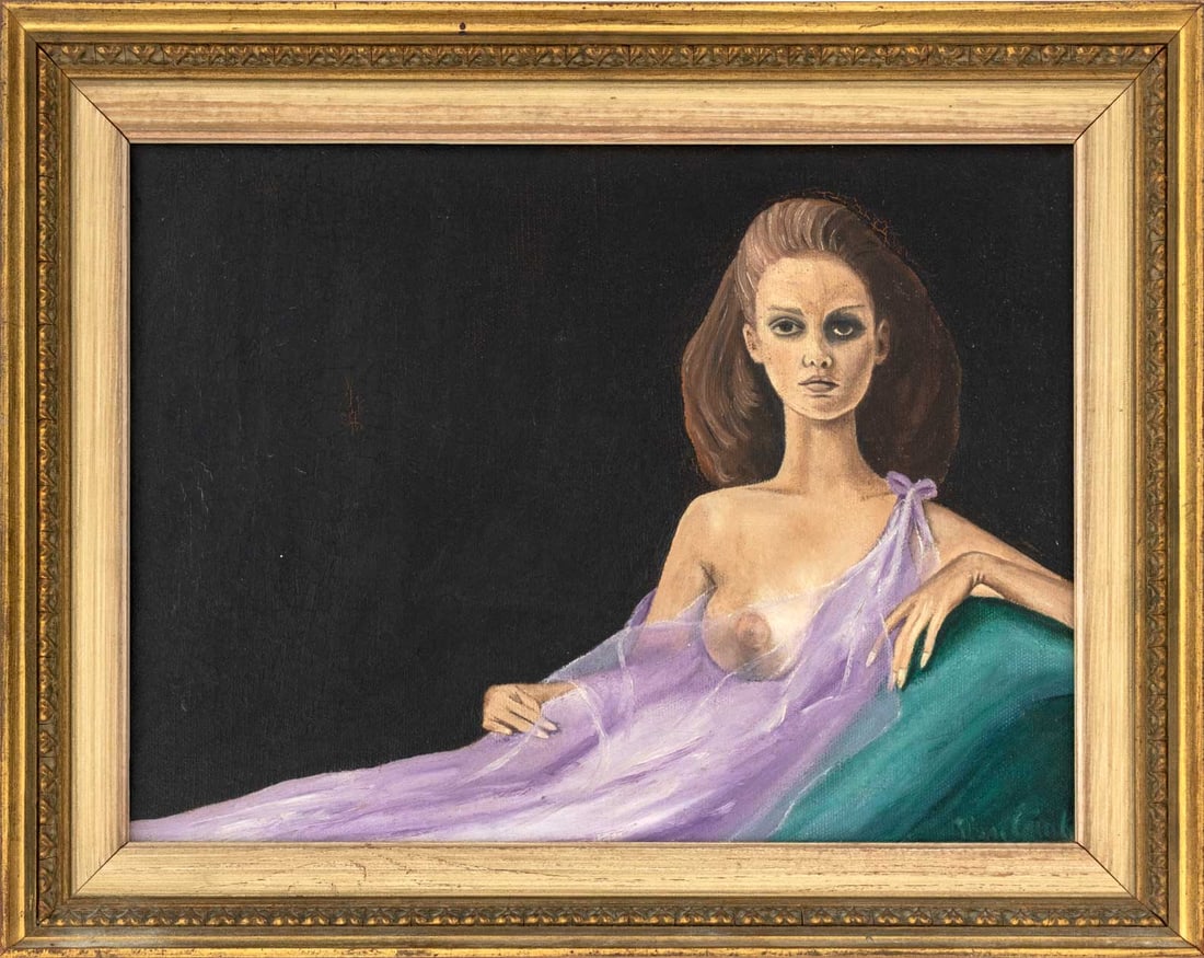 Illegibly Signed "Recamier a Go Go" Oil on Canvas: 20th Century School, "Recamier a Go Go", Oil on Canvas, illegibly signed lower right, titled and inscribed verso, giltwood frame. Image: 8.5" H x 11.5" W; frame: 11.5" H x 14.5" W x 1" D. Provenance: 